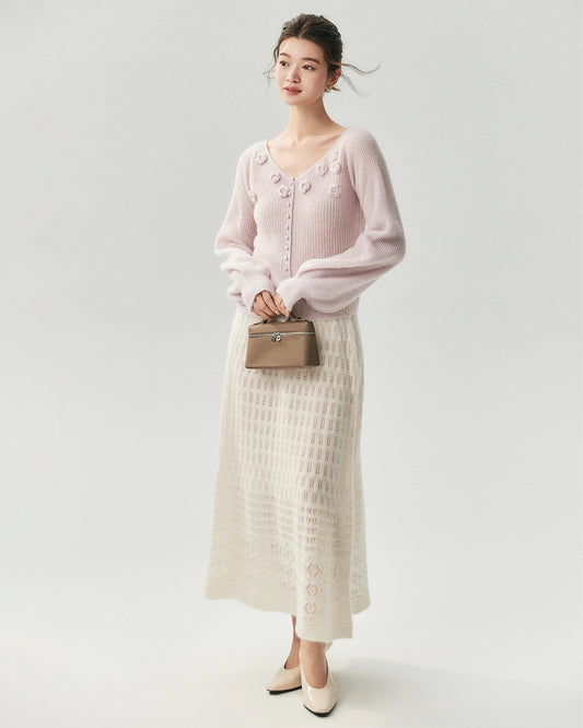 Kaschmir-Seide-Cardigan mit Rippenstrick, V-Ausschnitt und Blumenmuster
