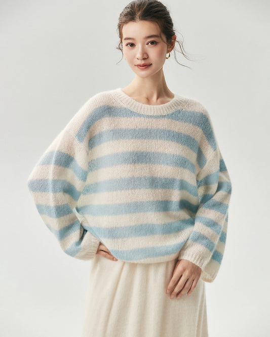 Kaschmir-Seide-Pullover mit Streifen und Rundhalsausschnitt