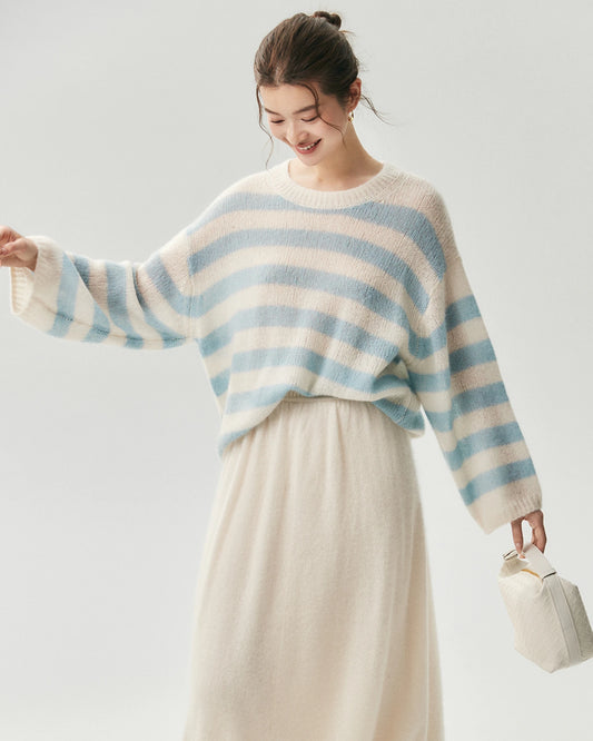 Kaschmir-Seide-Pullover mit Streifen und Rundhalsausschnitt