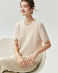 Kaschmir-Seide-Stricktop und Cardigan mit Tweed-Besatz