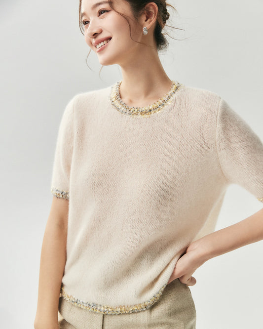Kaschmir-Seide-Stricktop und Cardigan mit Tweed-Besatz