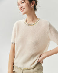 Kaschmir-Seide-Stricktop und Cardigan mit Tweed-Besatz