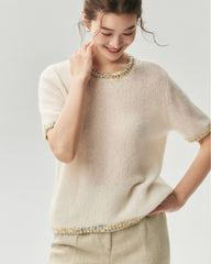 Kaschmir-Seide-Stricktop und Cardigan mit Tweed-Besatz