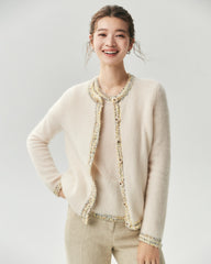 Kaschmir-Seide-Stricktop und Cardigan mit Tweed-Besatz