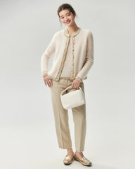 Kaschmir-Seide-Stricktop und Cardigan mit Tweed-Besatz