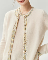 Kaschmir-Seide-Stricktop und Cardigan mit Tweed-Besatz