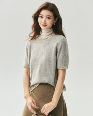 Kaschmir-Seide-Stricktop und Cardigan mit Tweed-Besatz