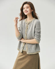 Kaschmir-Seide-Stricktop und Cardigan mit Tweed-Besatz