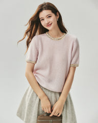 Kaschmir-Seide-Stricktop und Cardigan mit Tweed-Besatz