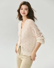 Kaschmir-Seiden-Cardigan mit V-Ausschnitt und Pointelle-Strick
