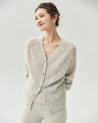 Kaschmir-Seiden-Cardigan mit V-Ausschnitt und Pointelle-Strick