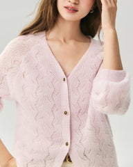 Kaschmir-Seiden-Cardigan mit V-Ausschnitt und Pointelle-Strick