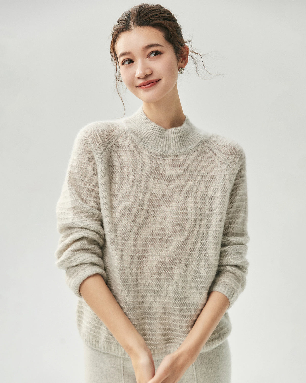Kaschmir-Seiden-Pullover mit Stehkragen und Waffelstrick