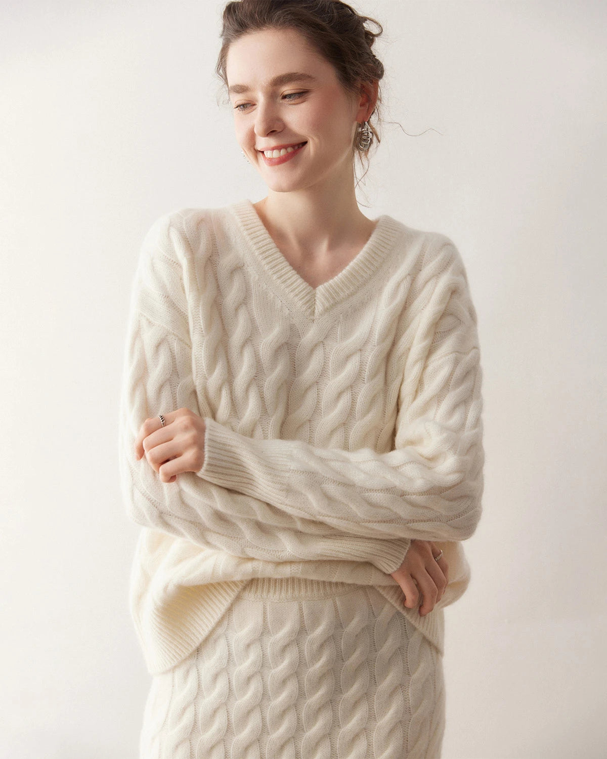 Kaschmir-Woll Zopfstrick Pullover & Rock Set