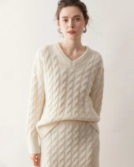 Kaschmir-Woll Zopfstrick Pullover & Rock Set