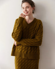 Kaschmir-Woll Zopfstrick Pullover & Rock Set