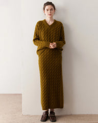 Kaschmir-Woll Zopfstrick Pullover & Rock Set