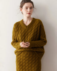 Kaschmir-Woll Zopfstrick Pullover & Rock Set