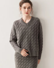 Kaschmir-Woll Zopfstrick Pullover & Rock Set