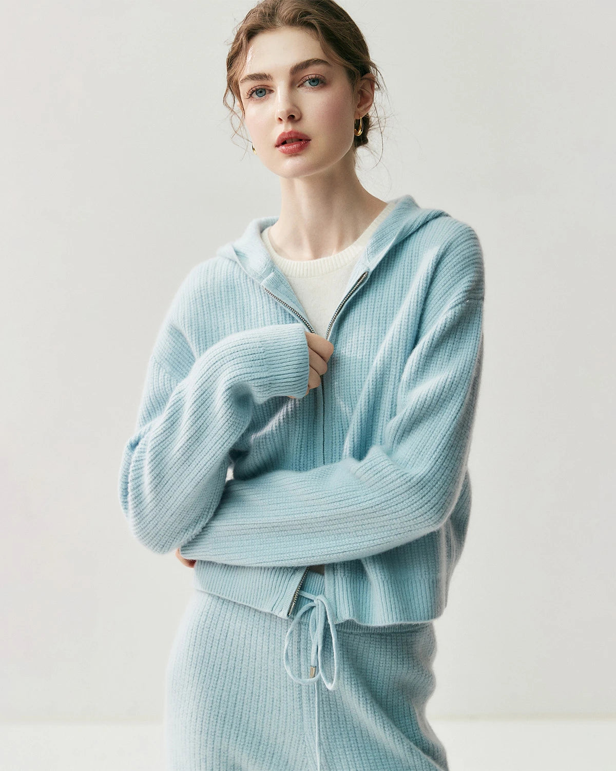 Kaschmir-Woll-Zip-Hoodie & Hose mit geradem Bein