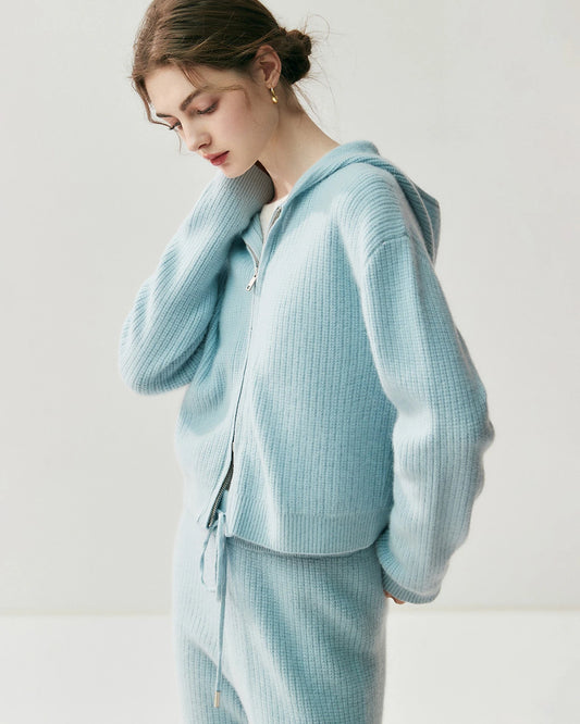 Kaschmir-Woll-Zip-Hoodie & Hose mit geradem Bein