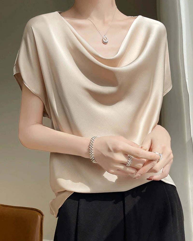 Kurzarm Seidenbluse Damen – Wasserfallausschnitt Elegant