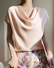 Kurzarm Seidenbluse Damen – Wasserfallausschnitt Elegant