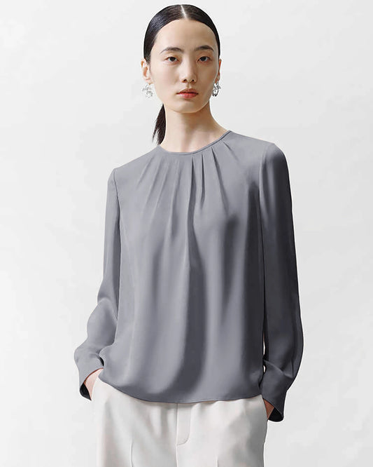 Crew Neck Falten Seidenbluse