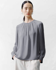 Crew Neck Falten Seidenbluse