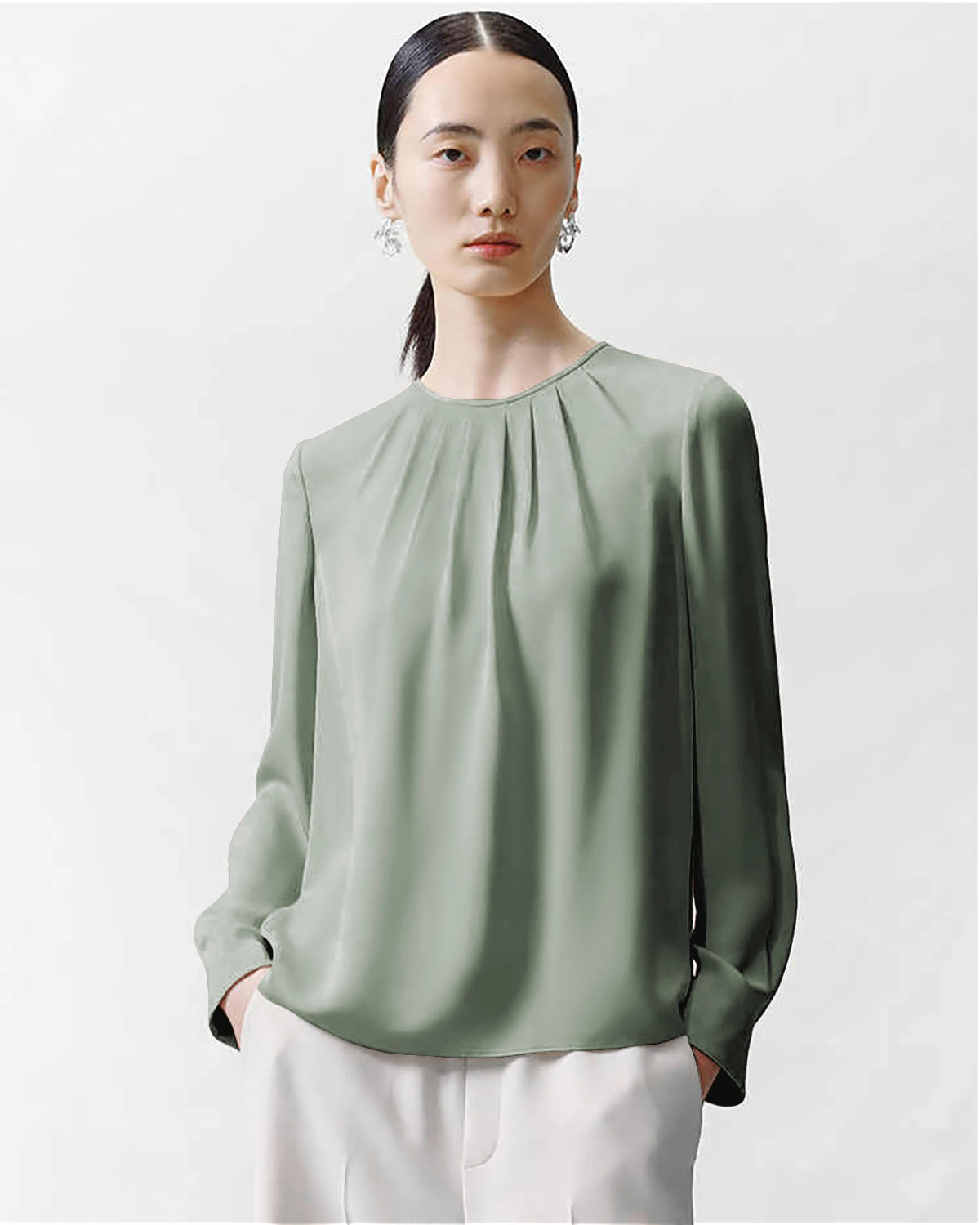 Crew Neck Falten Seidenbluse