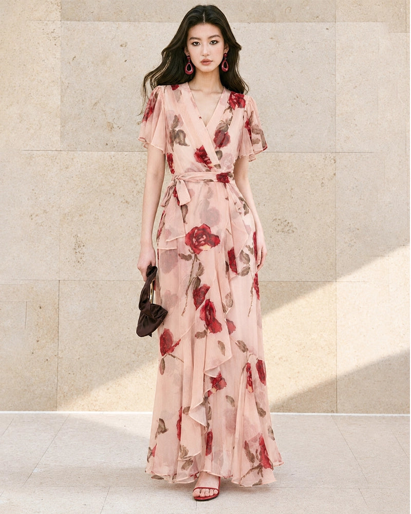 Seiden-Maxikleid mit Rosendruck und Wickeldesign