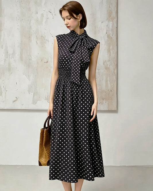 19 Momme Seiden Midi-Kleid mit Polka Dots und Stehkragen