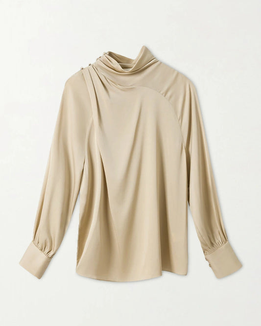 Faltige Mock Neck Seidenbluse mit langen Ärmeln