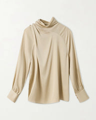 Faltige Mock Neck Seidenbluse mit langen Ärmeln