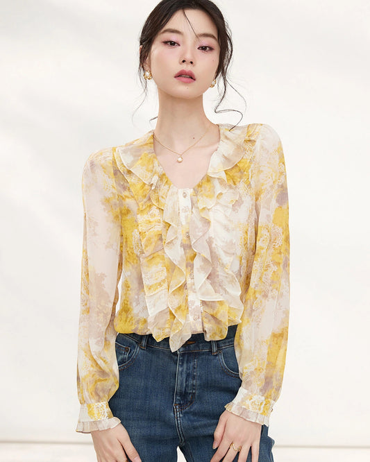 Gelbe Seiden-Bluse mit Blumenmuster und Rüschen