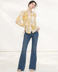 Gelbe Seiden-Bluse mit Blumenmuster und Rüschen