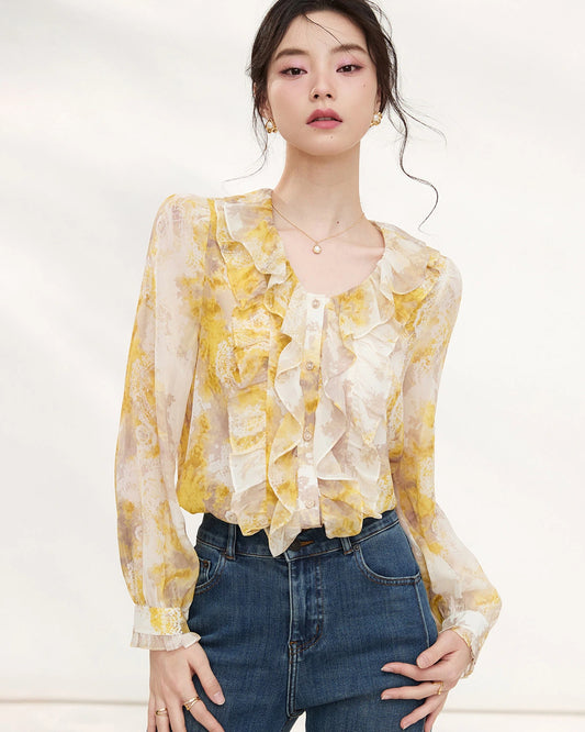 Gelbe Seiden-Bluse mit Blumenmuster und Rüschen