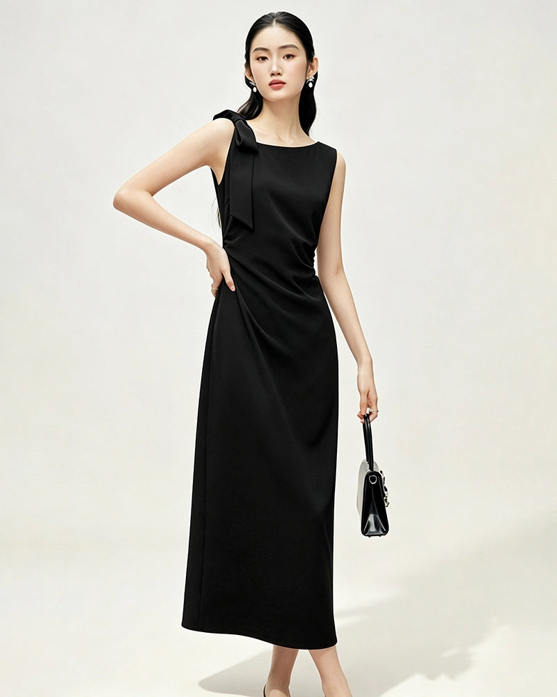 Japanisches Triacetat Midi-Trägerkleid mit Schleifen-Schulterdetail