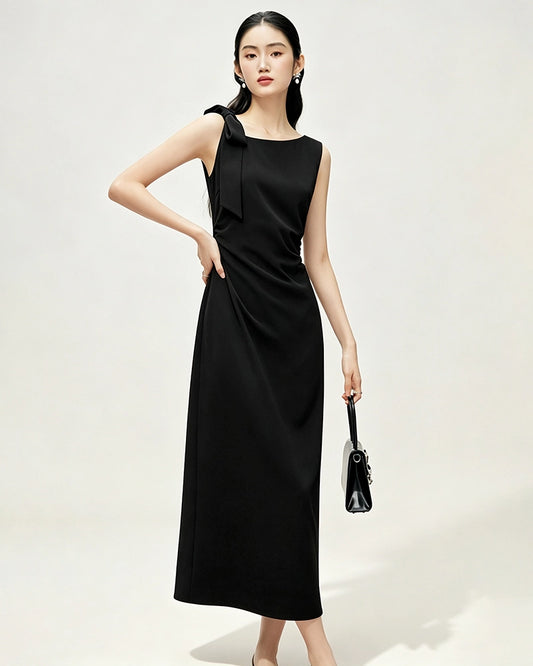 Japanisches Triacetat Midi-Trägerkleid mit Schleifen-Schulterdetail