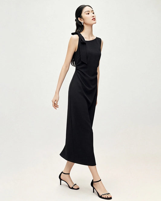 Japanisches Triacetat Midi-Trägerkleid mit Schleifen-Schulterdetail