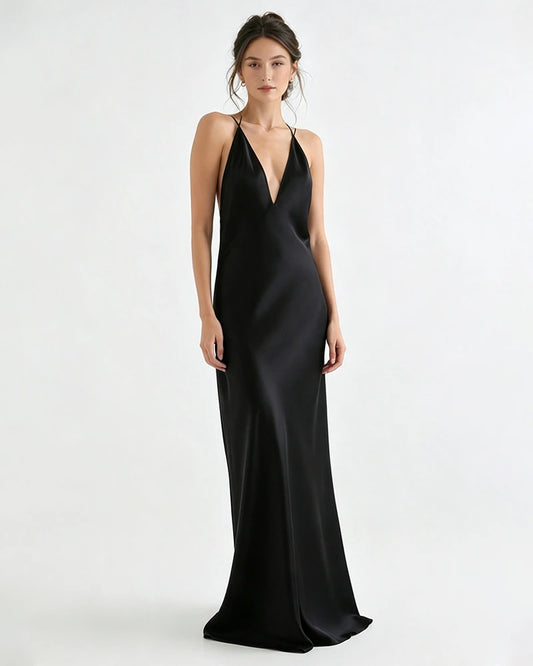 Fließendes Triacetat-Maxikleid mit tiefem V-Ausschnitt