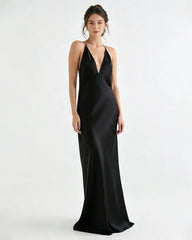 Fließendes Triacetat-Maxikleid mit tiefem V-Ausschnitt