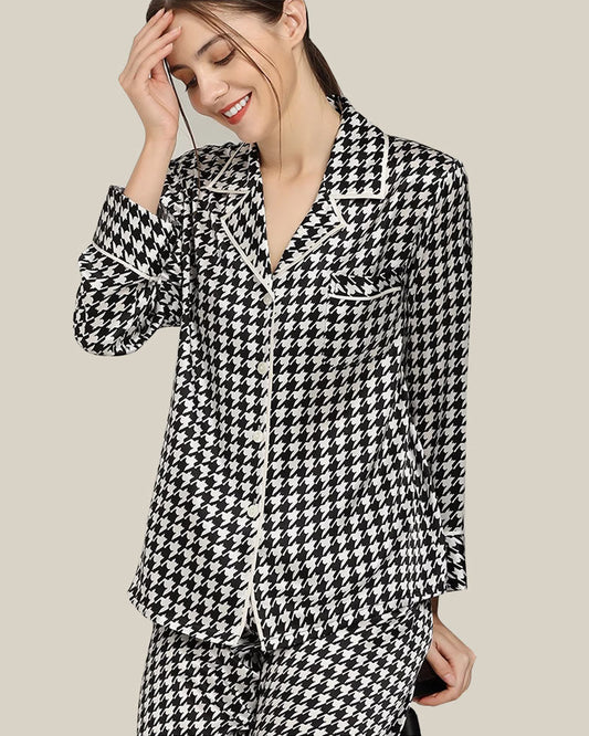 Seiden-Pyjamas-Set mit Houndstooth-Druck