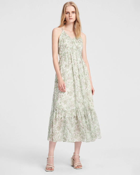 Frühjahrsmoos Paisley Seiden Maxikleid