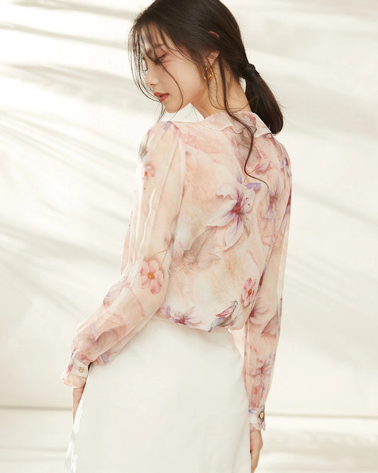 Pink Lily Seidenbluse mit Blumen und Rüschen, Langarm