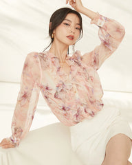 Pink Lily Seidenbluse mit Blumen und Rüschen, Langarm