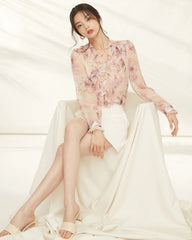 Pink Lily Seidenbluse mit Blumen und Rüschen, Langarm