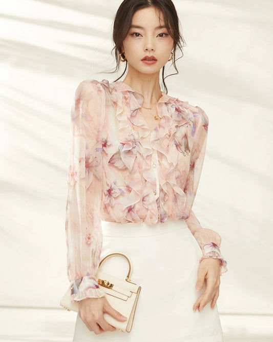 Pink Lily Seidenbluse mit Blumen und Rüschen, Langarm