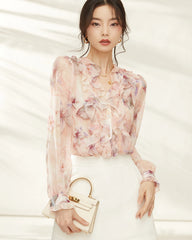 Pink Lily Seidenbluse mit Blumen und Rüschen, Langarm