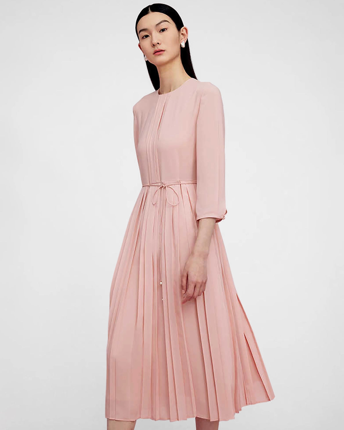 Plissiertes 3/4-Ärmeliges Seidenkleid